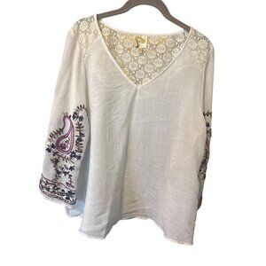 Fig & Flower Shirt Womens Large Boho Embroidered Bell Sleeve Lace Crochet sheer